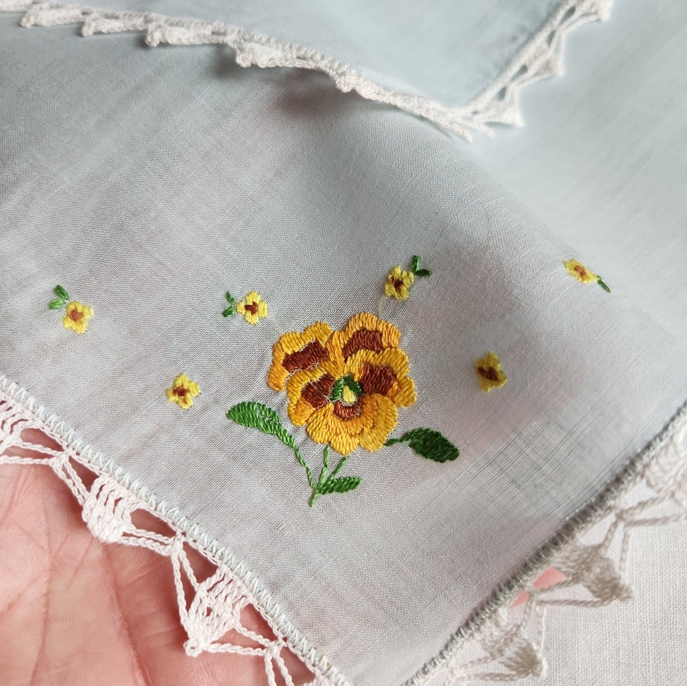 ANTIQUE LACE AND EMBROIDERED BABY BLUE VOILE HANDKERCHIEF